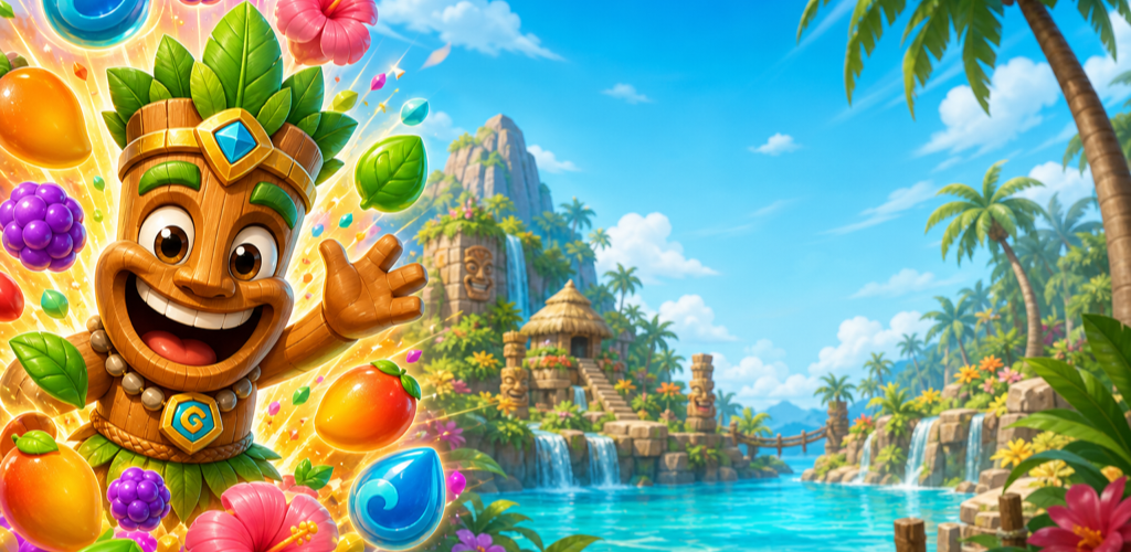 Tiki Blast feature graphic — tiki character with blast orbs and oasis