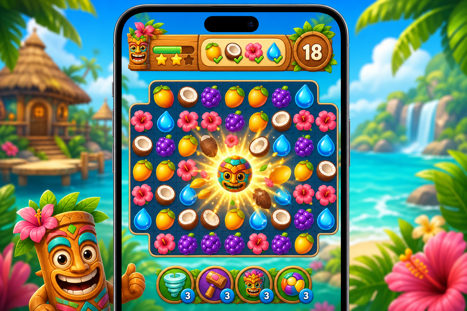 Tiki Blast puzzle board with tropical fruit tiles and tiki mascot